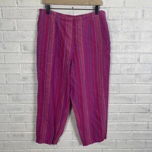 Parisian Works Pink Stripe Linen Crop Pants Womens Petite Size PM Pull On Travel
